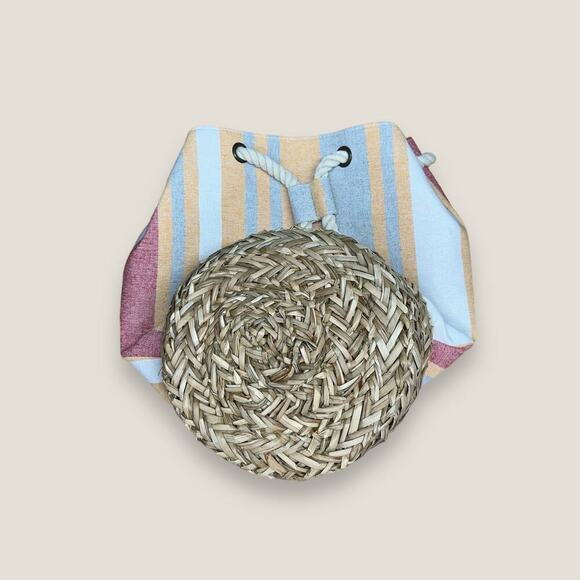 Global Stripe Rope Handle Woven Straw Tote Bag, Beach Backpack - Picture 4 of 5